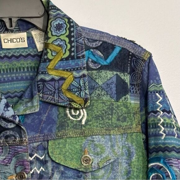 Chico’s | Women’s Mixed Artisan Blue Green Denim Jacket Coat - Picture 4 of 16